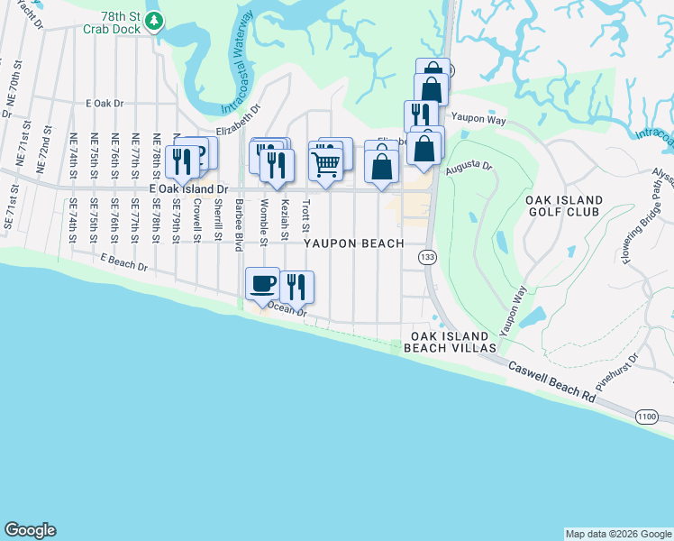 map of restaurants, bars, coffee shops, grocery stores, and more near in Oak Island