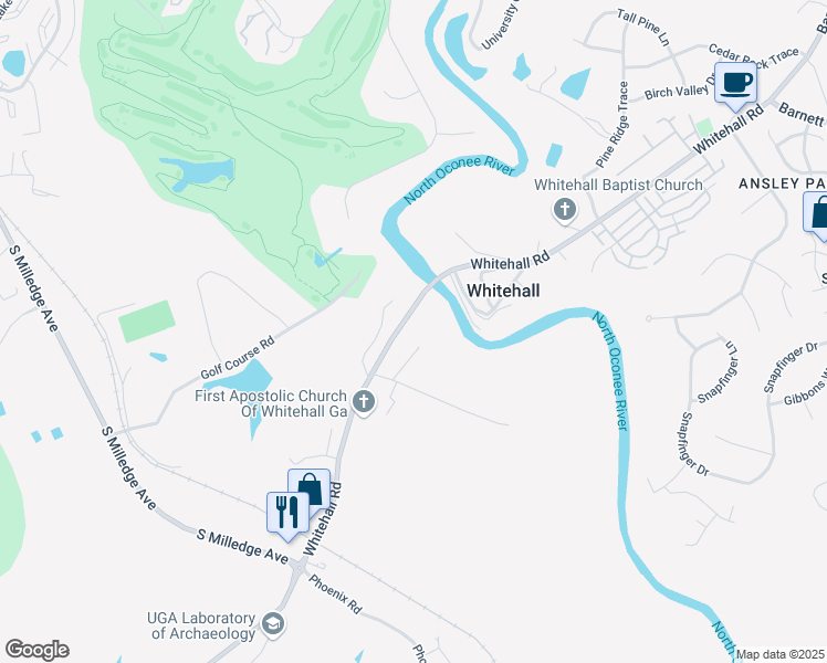 map of restaurants, bars, coffee shops, grocery stores, and more near 625 Whitehall Road in Athens