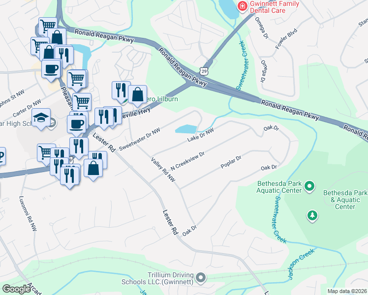 map of restaurants, bars, coffee shops, grocery stores, and more near 3388 Lake Drive Northwest in Lawrenceville