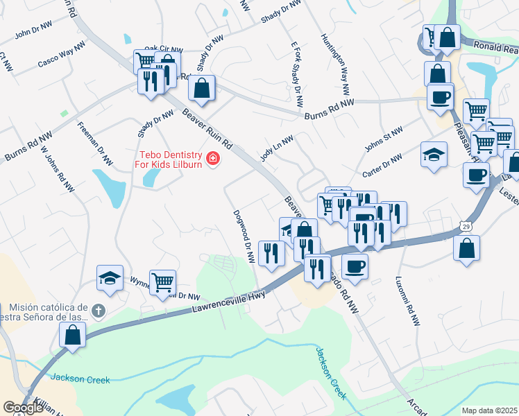 map of restaurants, bars, coffee shops, grocery stores, and more near 519 Beaver Ruin Way Northwest in Lilburn