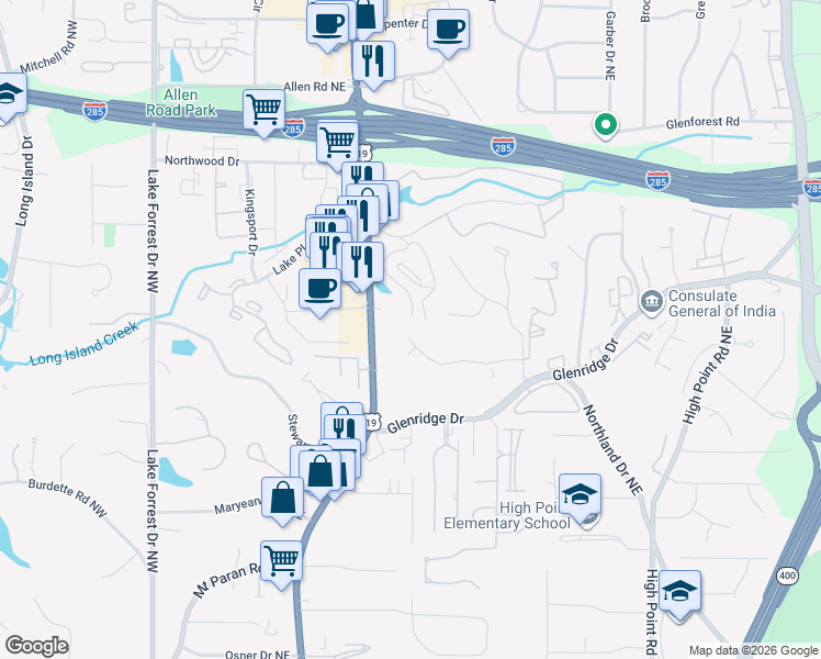 map of restaurants, bars, coffee shops, grocery stores, and more near 298 Tall Oaks Drive Northeast in Atlanta