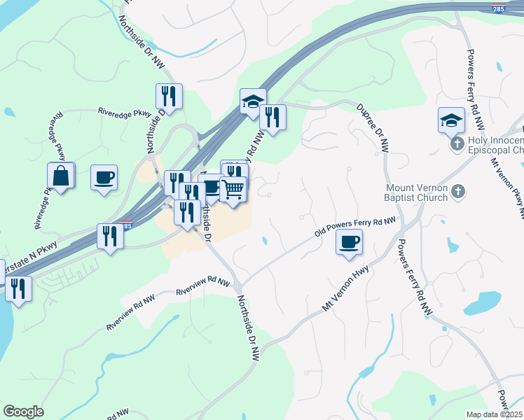 map of restaurants, bars, coffee shops, grocery stores, and more near 5490 Powers Overlook Court in Atlanta