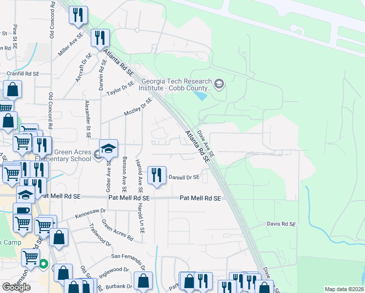 map of restaurants, bars, coffee shops, grocery stores, and more near 1857 Belmore Street Southeast in Smyrna