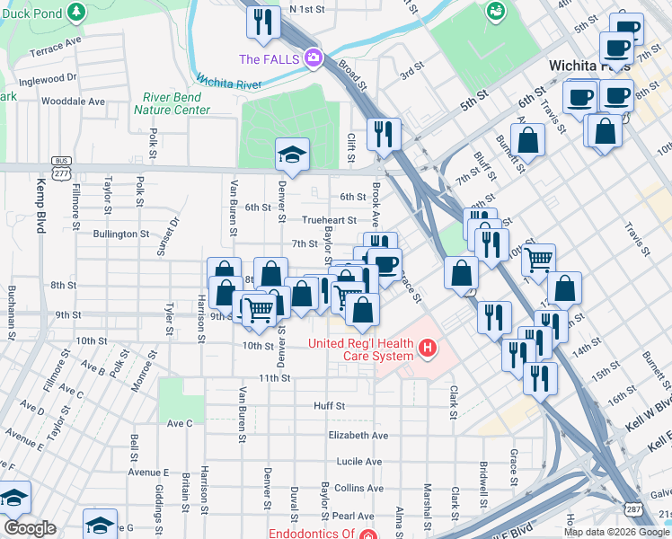 map of restaurants, bars, coffee shops, grocery stores, and more near 706 Warford Street in Wichita Falls