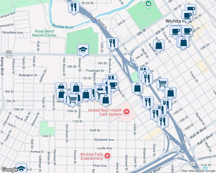 map of restaurants, bars, coffee shops, grocery stores, and more near 701-713 Brook Ave in Wichita Falls