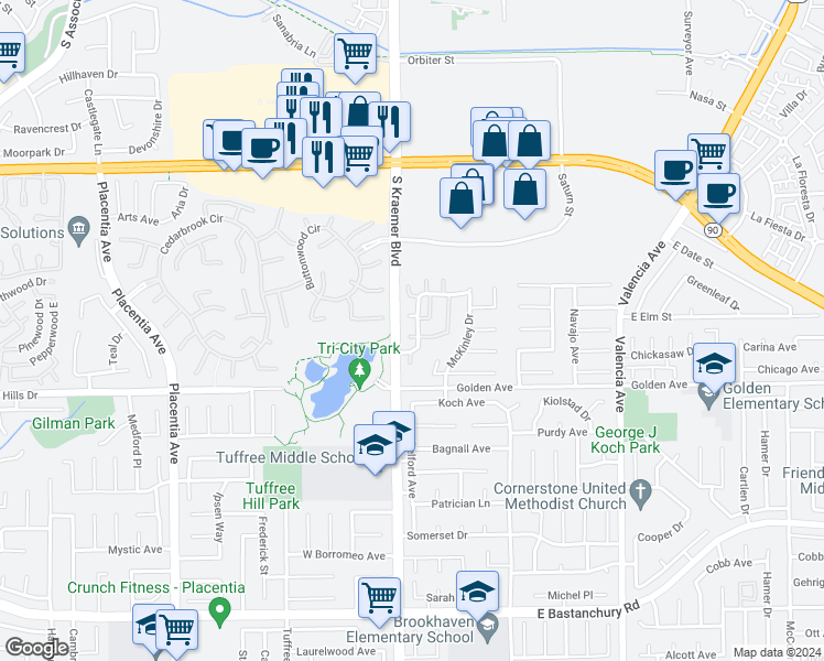 map of restaurants, bars, coffee shops, grocery stores, and more near 2407 Allegheny Way in Placentia