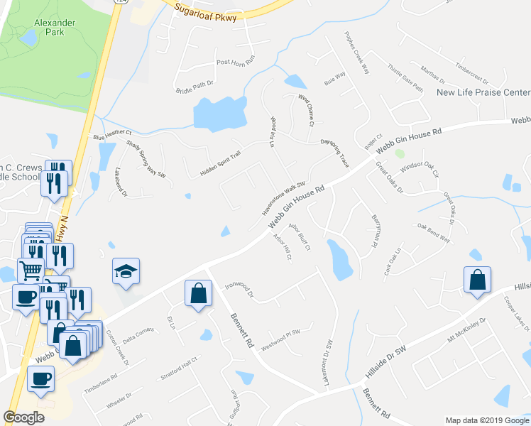 map of restaurants, bars, coffee shops, grocery stores, and more near 1136 Havenstone Wk Southwest in Lawrenceville