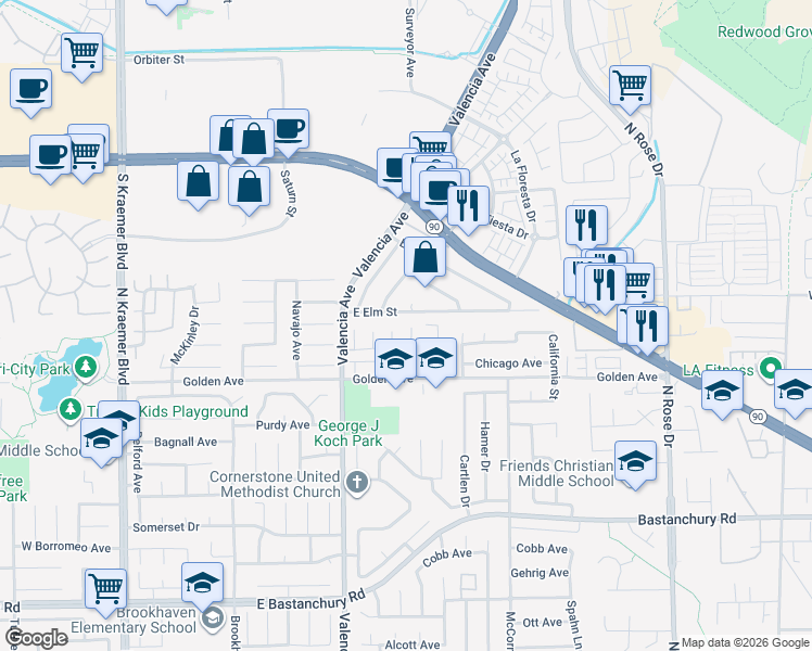 map of restaurants, bars, coffee shops, grocery stores, and more near 2363 Blackfoot Avenue in Placentia