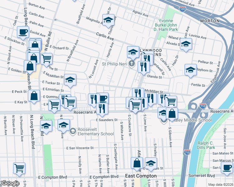 map of restaurants, bars, coffee shops, grocery stores, and more near 12811 South Castlegate Avenue in Compton