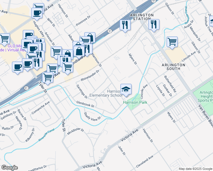 map of restaurants, bars, coffee shops, grocery stores, and more near 9945 Walnut Grove Avenue in Riverside