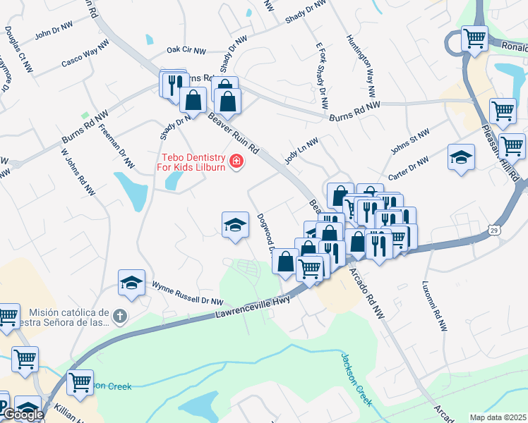 map of restaurants, bars, coffee shops, grocery stores, and more near 4269 Beaver Ruin Circle Northwest in Lilburn