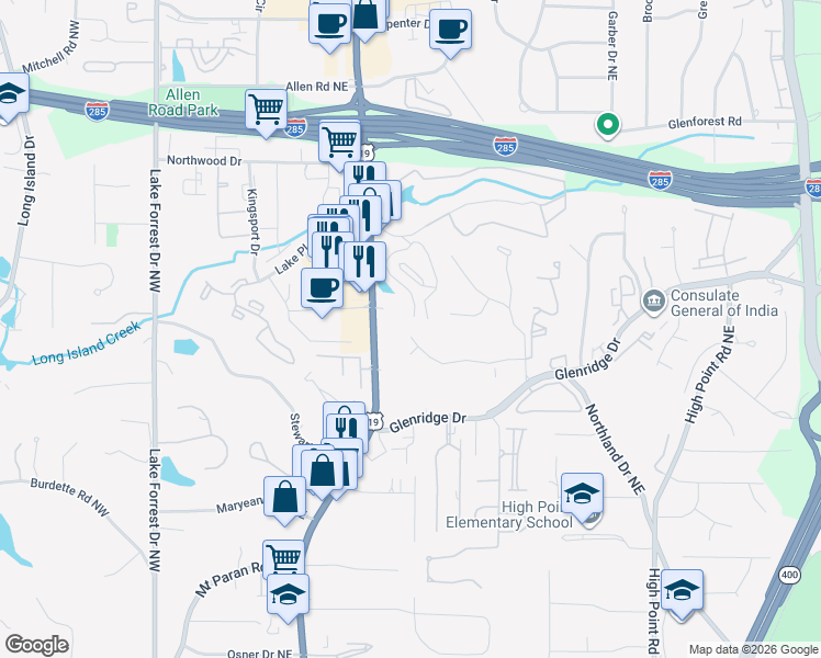 map of restaurants, bars, coffee shops, grocery stores, and more near 298 Tall Oaks Drive Northeast in Atlanta