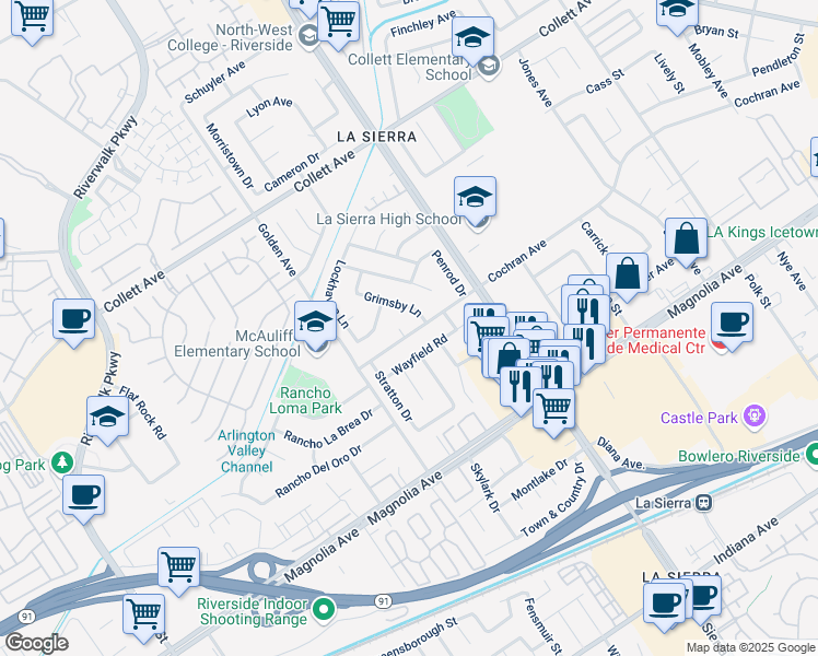 map of restaurants, bars, coffee shops, grocery stores, and more near 4024 Grimsby Lane in Riverside