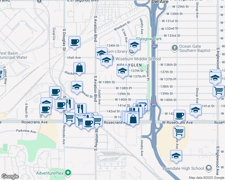 map of restaurants, bars, coffee shops, grocery stores, and more near 5517 West 138th Place in Hawthorne