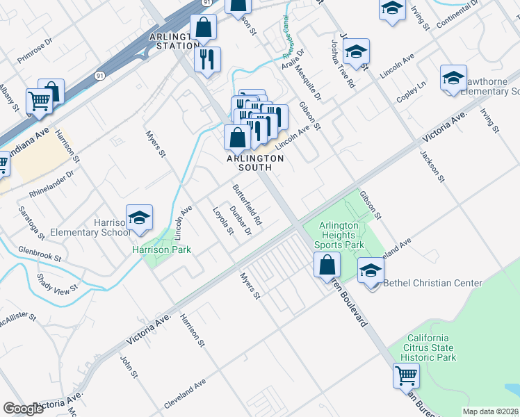map of restaurants, bars, coffee shops, grocery stores, and more near 9559 Calle Del Casa in Riverside