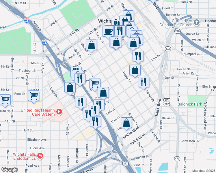 map of restaurants, bars, coffee shops, grocery stores, and more near 1209 11th Street in Wichita Falls