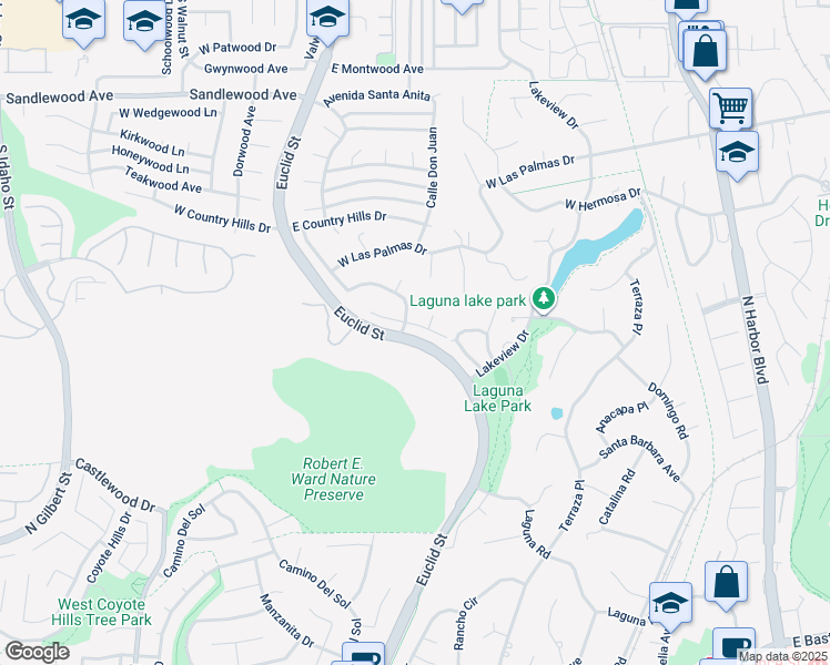 map of restaurants, bars, coffee shops, grocery stores, and more near 2971 La Travesia Drive in Fullerton