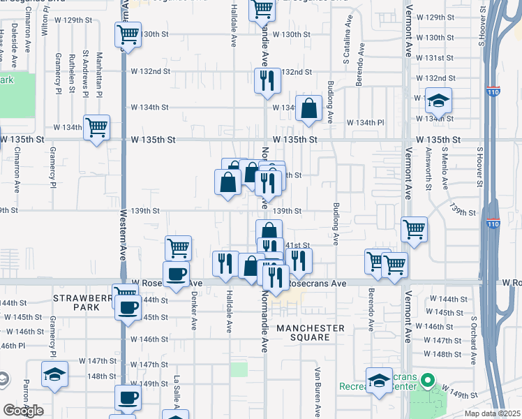 map of restaurants, bars, coffee shops, grocery stores, and more near 13815 Normandie Avenue in Gardena