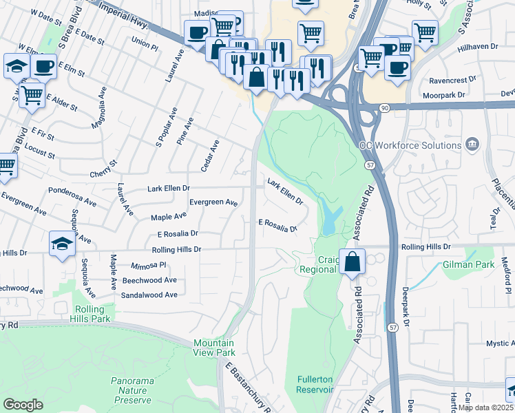 map of restaurants, bars, coffee shops, grocery stores, and more near 3059 Heather Drive in Fullerton