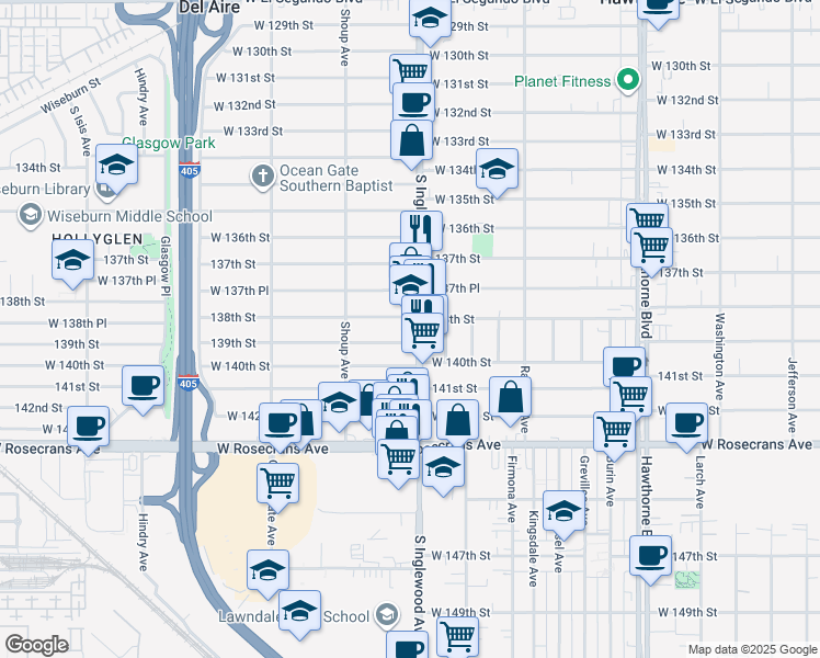 map of restaurants, bars, coffee shops, grocery stores, and more near 13811 South Inglewood Avenue in Hawthorne