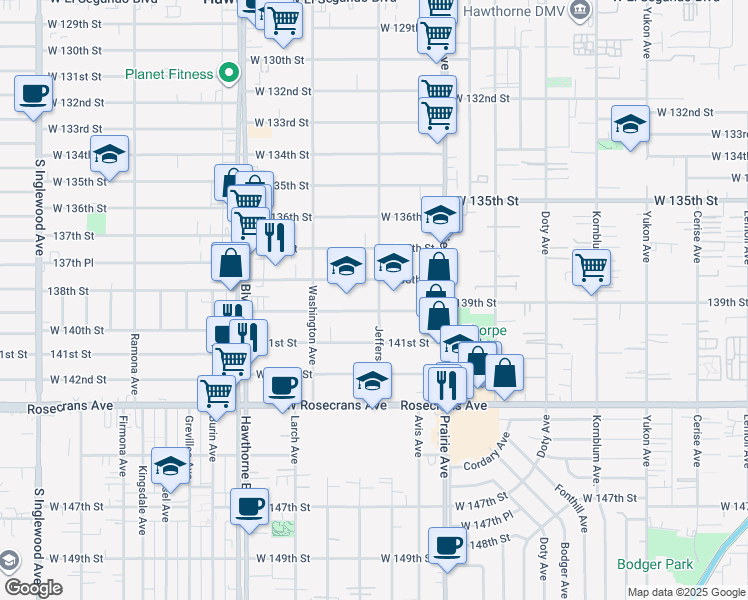 map of restaurants, bars, coffee shops, grocery stores, and more near 13819 Jefferson Avenue in Hawthorne