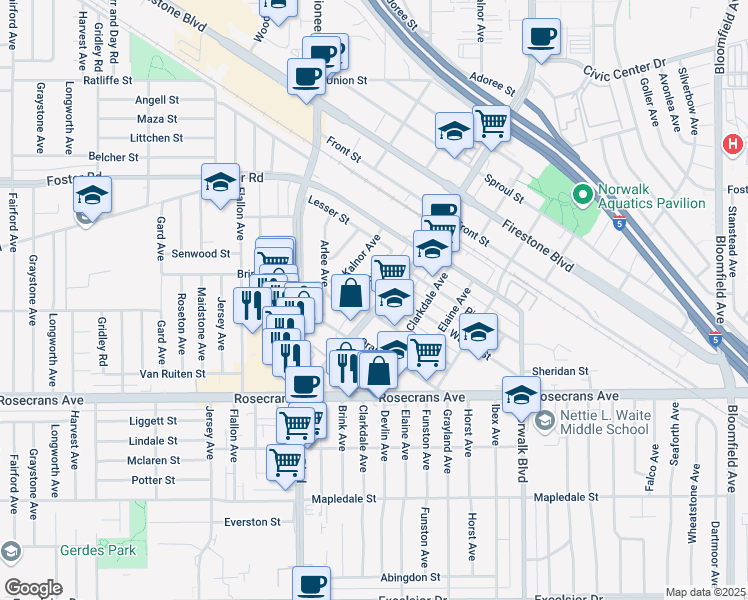 map of restaurants, bars, coffee shops, grocery stores, and more near 13822 Erwood Avenue in Norwalk
