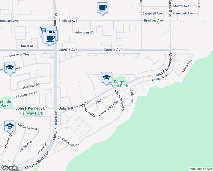 map of restaurants, bars, coffee shops, grocery stores, and more near 28500 John F Kennedy Drive in Moreno Valley