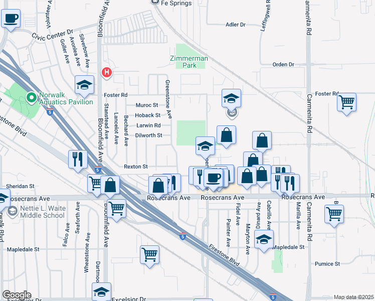 map of restaurants, bars, coffee shops, grocery stores, and more near 13811 Shoemaker Avenue in Norwalk