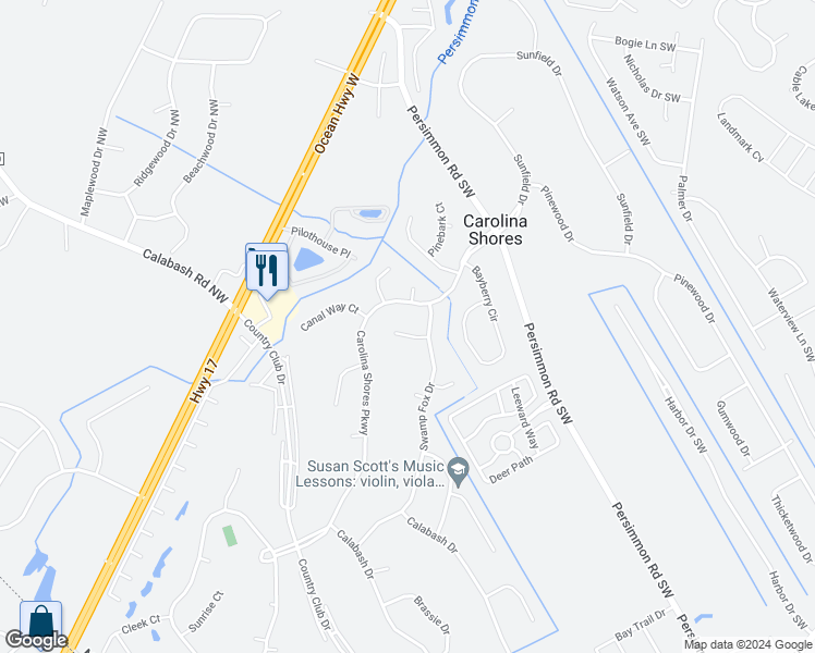 map of restaurants, bars, coffee shops, grocery stores, and more near 6 Pineridge Court in Carolina Shores