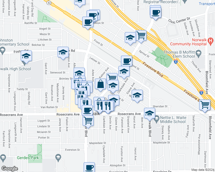 map of restaurants, bars, coffee shops, grocery stores, and more near 13819 San Antonio Drive in Norwalk