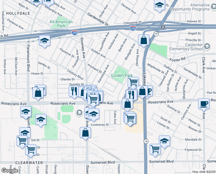 map of restaurants, bars, coffee shops, grocery stores, and more near 8739 Parkcliff Street in Downey