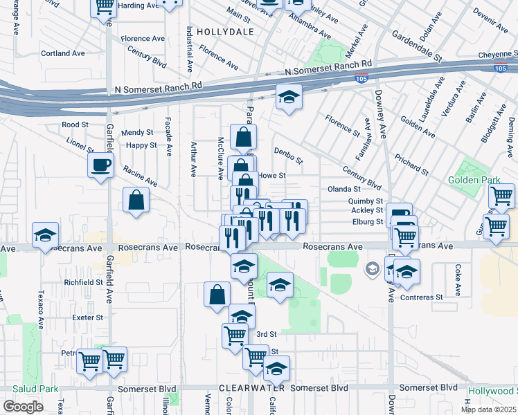 map of restaurants, bars, coffee shops, grocery stores, and more near 8009 Rose Street in Paramount