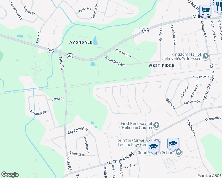 map of restaurants, bars, coffee shops, grocery stores, and more near 2730 Foxcroft Circle in Sumter