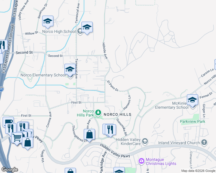 map of restaurants, bars, coffee shops, grocery stores, and more near 1627 Hillside Avenue in Norco