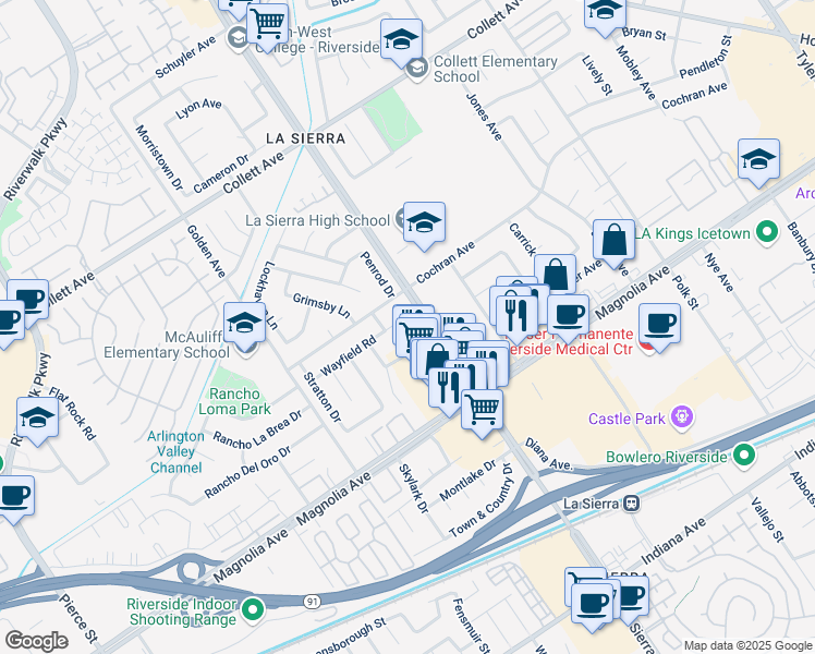 map of restaurants, bars, coffee shops, grocery stores, and more near 11116 Wayfield Road in Riverside