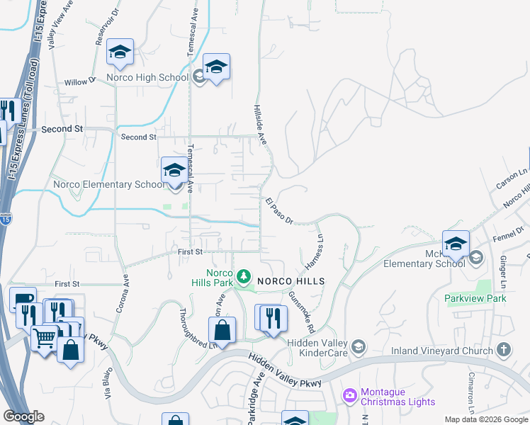 map of restaurants, bars, coffee shops, grocery stores, and more near 1627 Hillside Avenue in Norco
