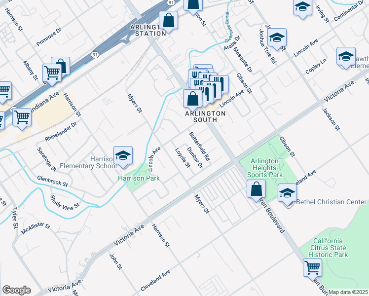 map of restaurants, bars, coffee shops, grocery stores, and more near 2850 Dunbar Drive in Riverside