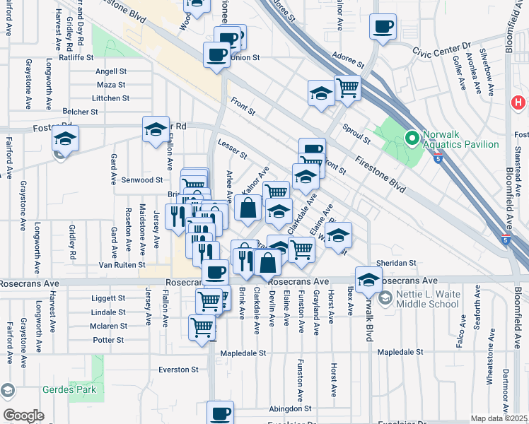 map of restaurants, bars, coffee shops, grocery stores, and more near 13819 San Antonio Drive in Norwalk