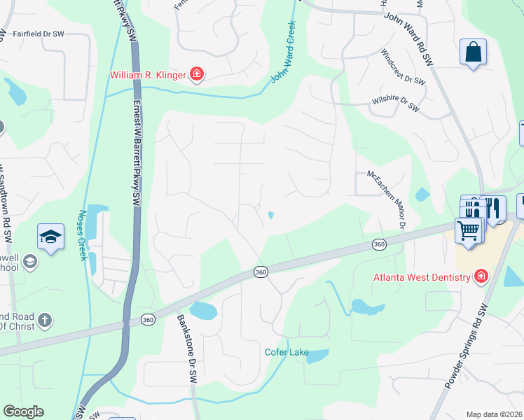 map of restaurants, bars, coffee shops, grocery stores, and more near 1995 Carithers Way in Marietta