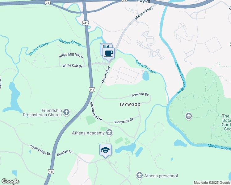 map of restaurants, bars, coffee shops, grocery stores, and more near 1061 Ivywood Drive in Athens