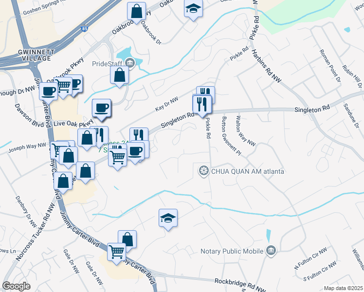 map of restaurants, bars, coffee shops, grocery stores, and more near 1450 Dickens Creek Court Northwest in Norcross