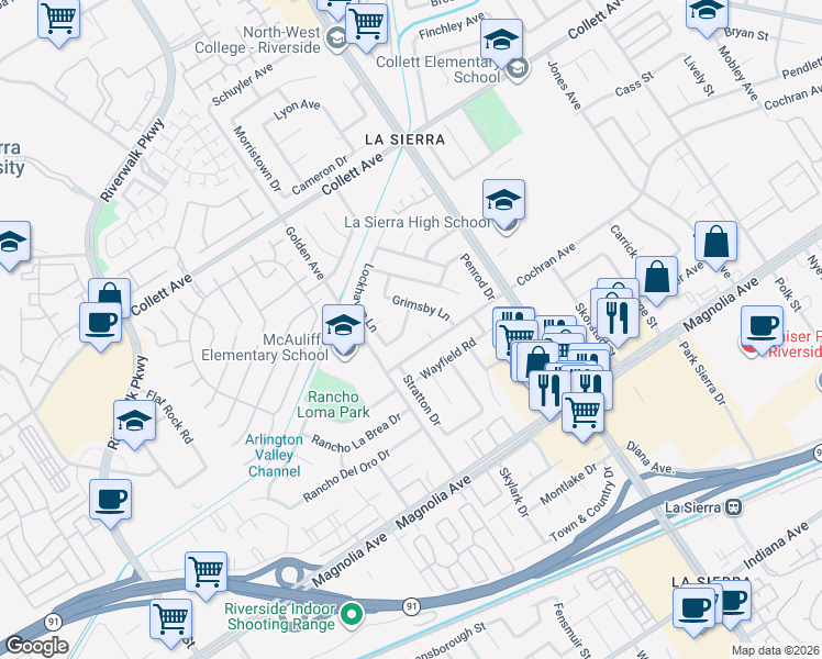 map of restaurants, bars, coffee shops, grocery stores, and more near 11221 Reliance Drive in Riverside