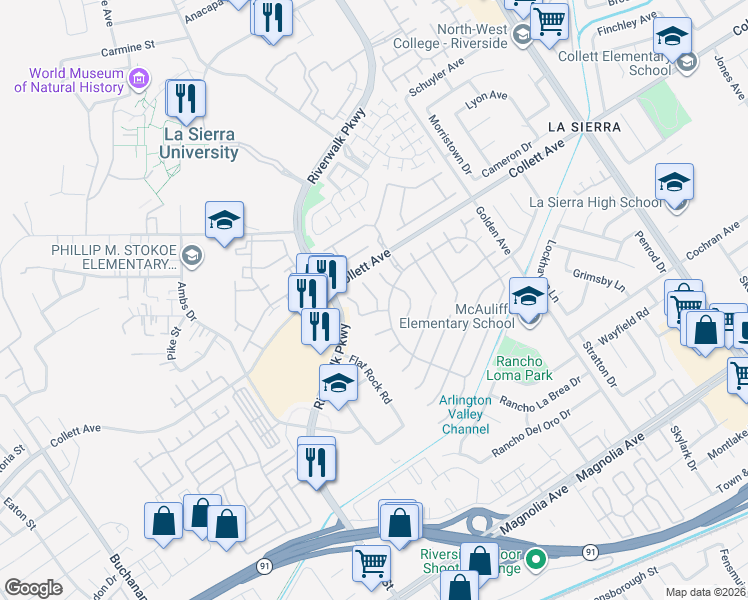 map of restaurants, bars, coffee shops, grocery stores, and more near 4273 Lakefall Court in Riverside