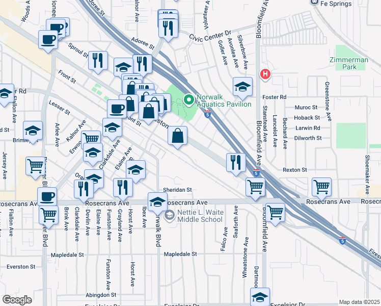 map of restaurants, bars, coffee shops, grocery stores, and more near 12335 Front Street in Norwalk