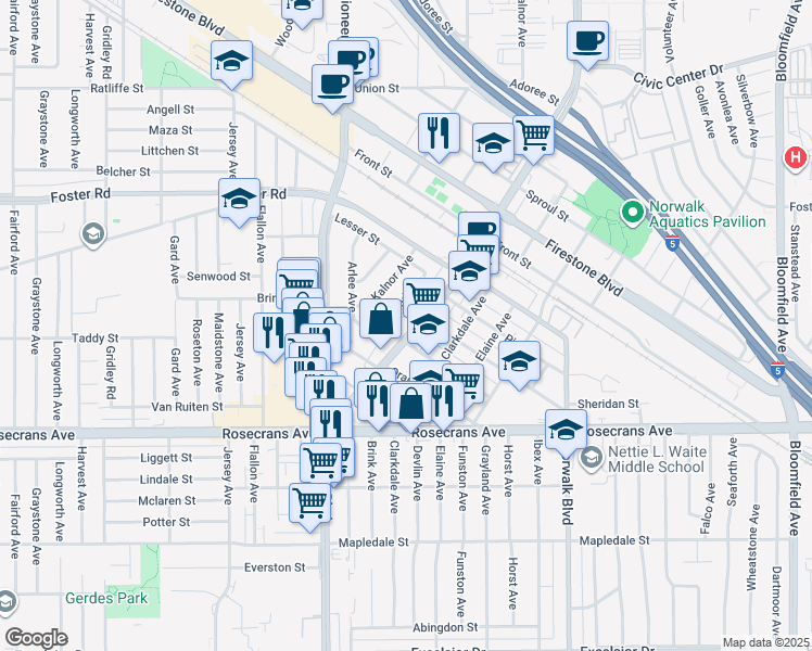 map of restaurants, bars, coffee shops, grocery stores, and more near 13819 San Antonio Drive in Norwalk