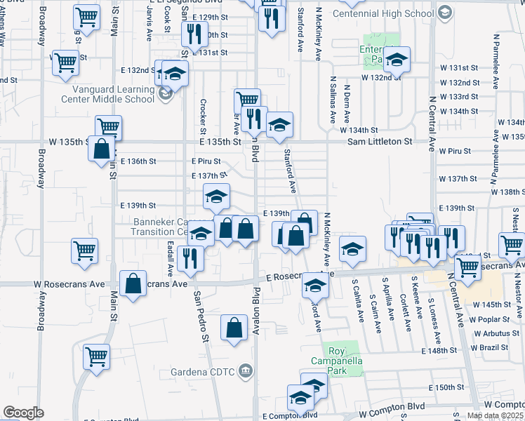 map of restaurants, bars, coffee shops, grocery stores, and more near 625 East 139th Street in Los Angeles