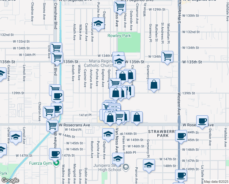 map of restaurants, bars, coffee shops, grocery stores, and more near 13808 Spinning Avenue in Gardena