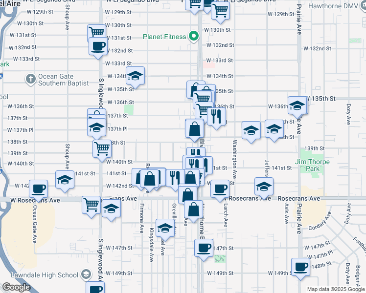 map of restaurants, bars, coffee shops, grocery stores, and more near 4473 138th Street in Hawthorne
