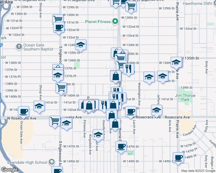 map of restaurants, bars, coffee shops, grocery stores, and more near 4473 138th Street in Hawthorne