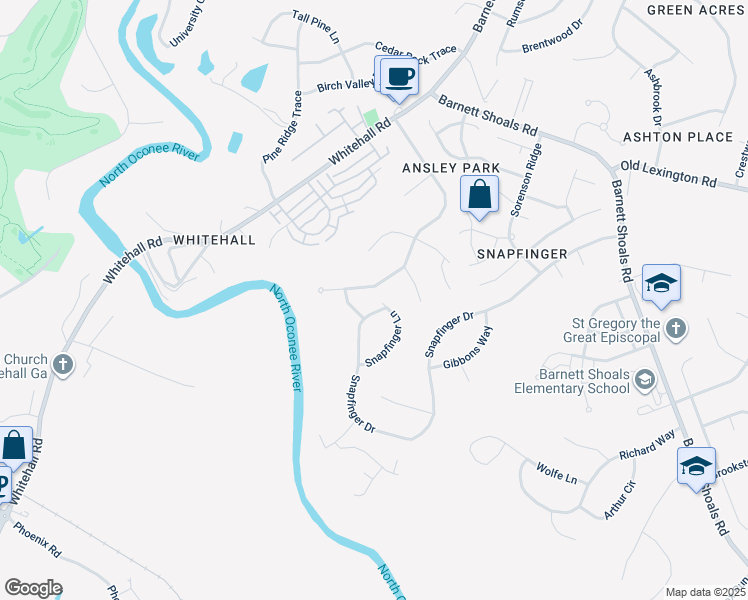 map of restaurants, bars, coffee shops, grocery stores, and more near 225 Snapfinger Lane in Athens